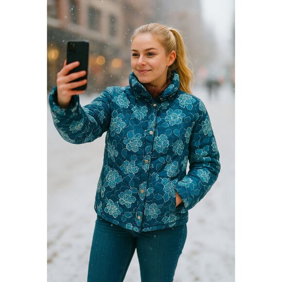 Lands’ End Packable Puffer Women’s S Blue Floral — Apres-Ski Vibes - Picture 2 of 10